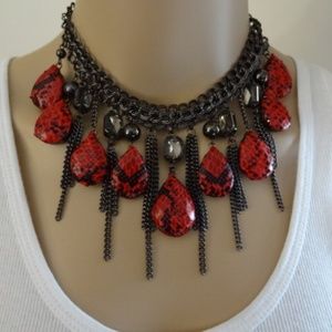 Red Faux Snakeskin Fringe Rhinestone Necklace